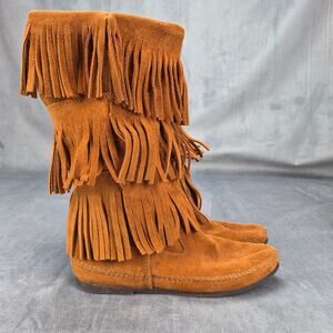 MINNETONKA 1632 Moccasin Boots 3 Layer FRINGE Brown Suede Leather 8 Boho Hippy